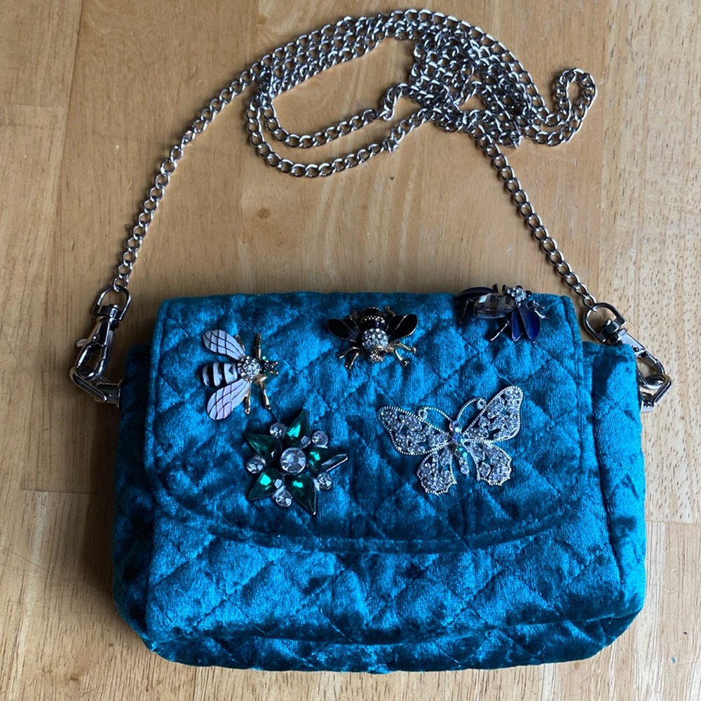 PLACE velour evening mini shoulder Bag with pretty metal bugs 6x4x1,5” in very